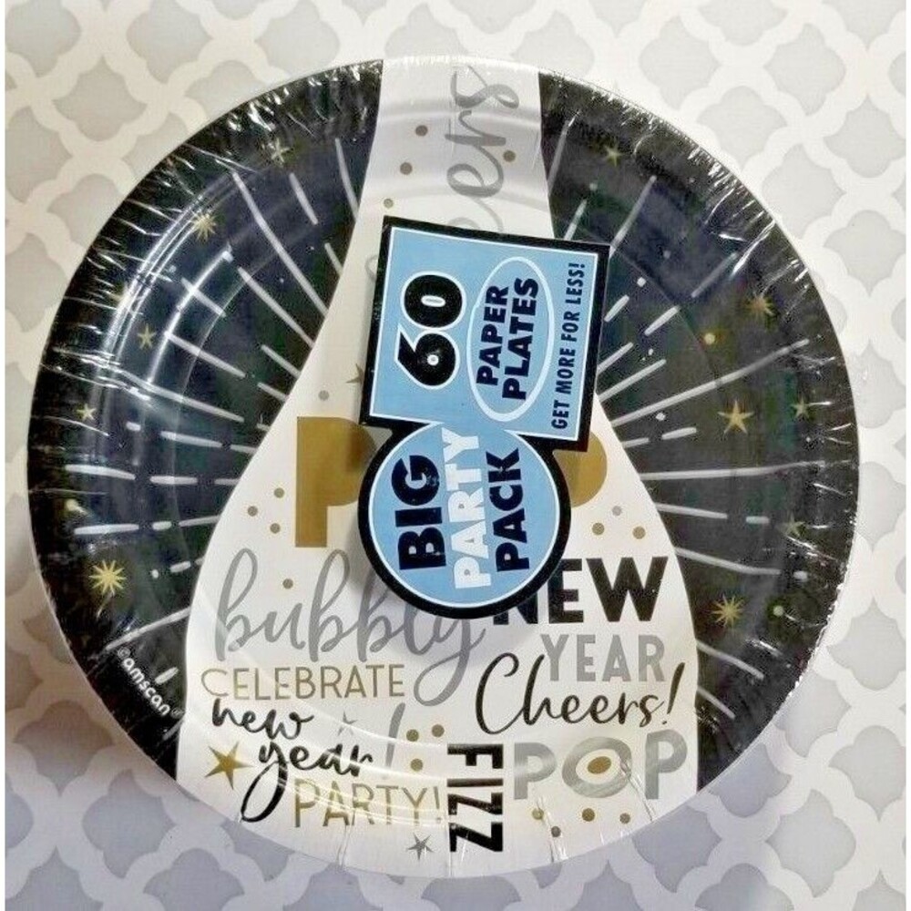 New Year's Paper Plates 7" Size Made in the USA 60 Count Cheers Celebrate